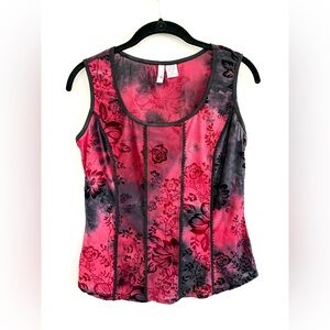 Vintage Y2K Sami & Jo Burnout Velvet Floral Corset Tank Top Red Black Tie Dye
